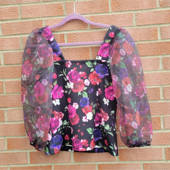 Boston Proper Floral Scuba And Organza Sleeve Top Small - Picture 5 of 11